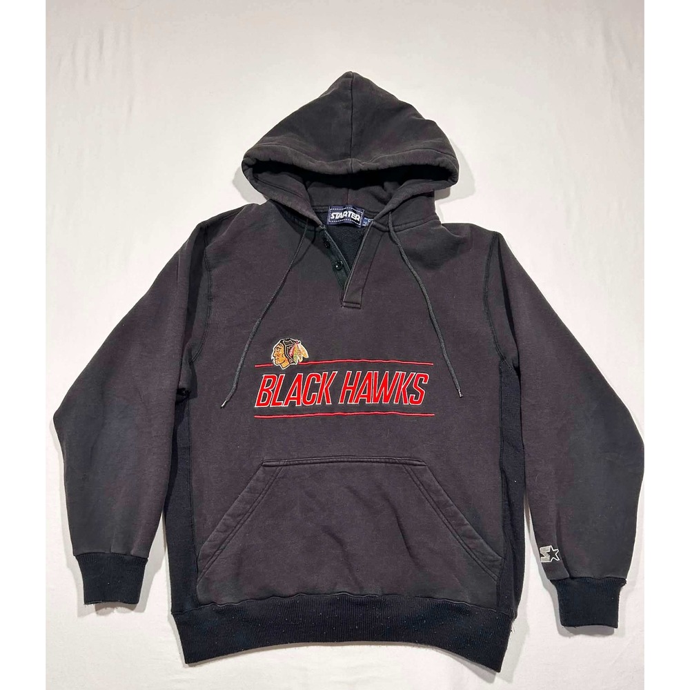 Starter Chicago Blackhawks Hoodie Mens Large Black Henley Pullover NHL